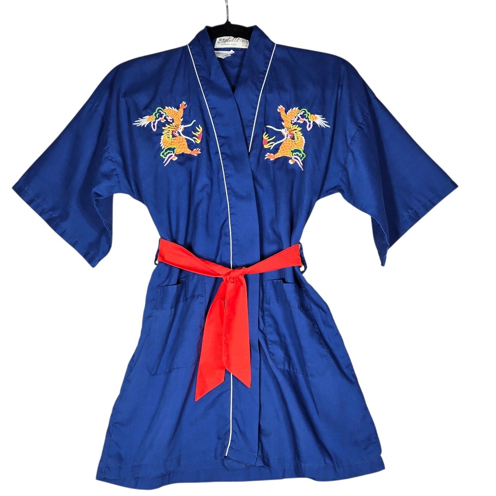 Vintage Health Shanghai China Embroidered Dragon Kimono Robe Blue Youth Size 8